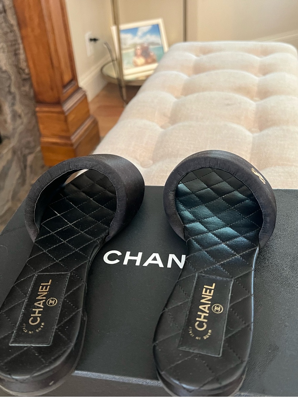 CHANEL - Chanel 22P Black Satin CC Logo Quilted Leather Mule Flat Sandal - Picture 7 of 11